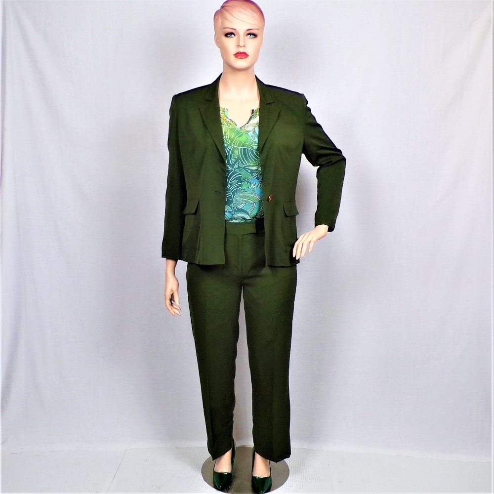 SILK! JOSEPHINE CHAUS size 14 hunter-green 2-piece pant suit 100% silk outer